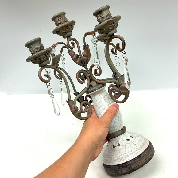 Vintage style heavy metal and ceramic 5 light candelabra with crystals - Picture 3 of 8